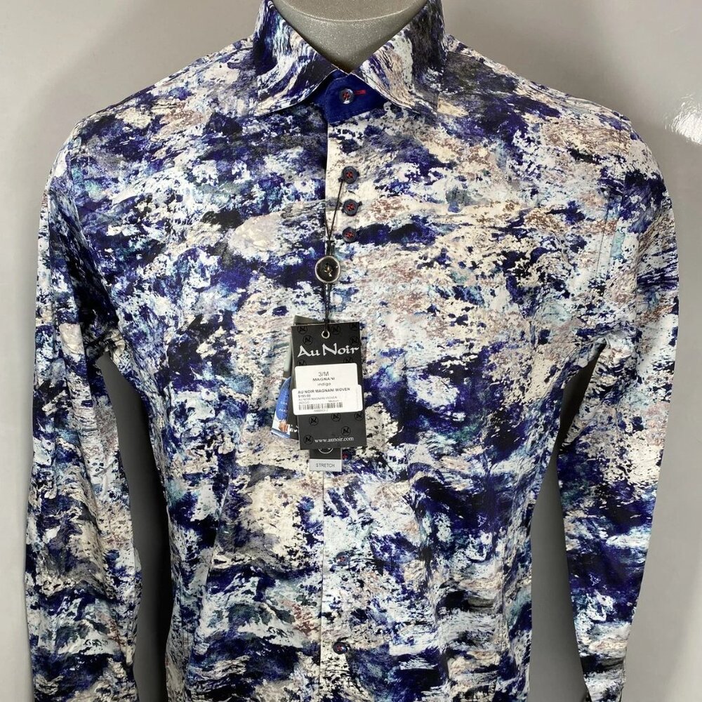 NEW AU  NOIR Magnani Indigo Woven Stretch Abstract Button-Down Shirt – Size 4XL